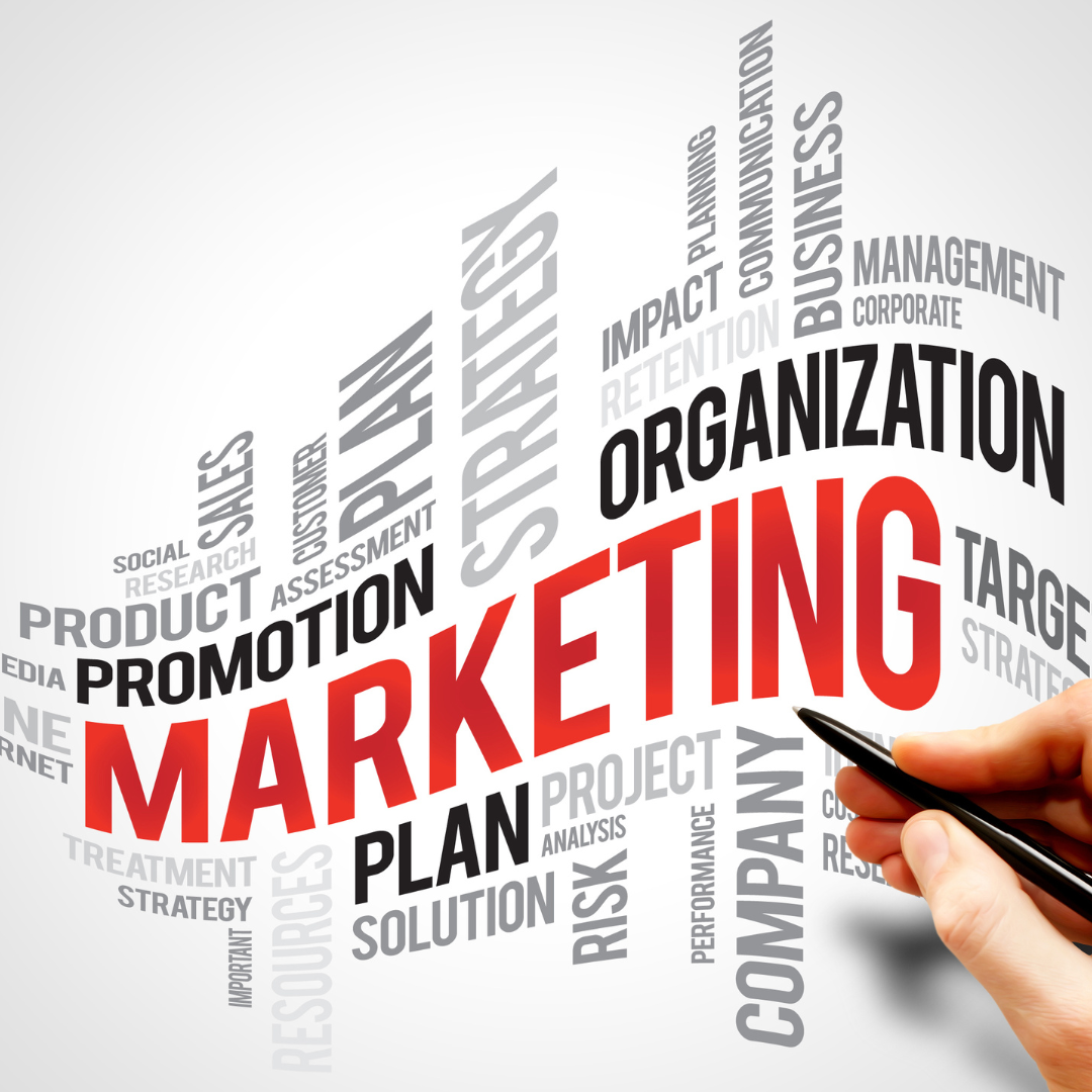 Marketing in big red letters, with letters all around. Like organization, promotion, plan, solution, strategy, product, research, social, sales.