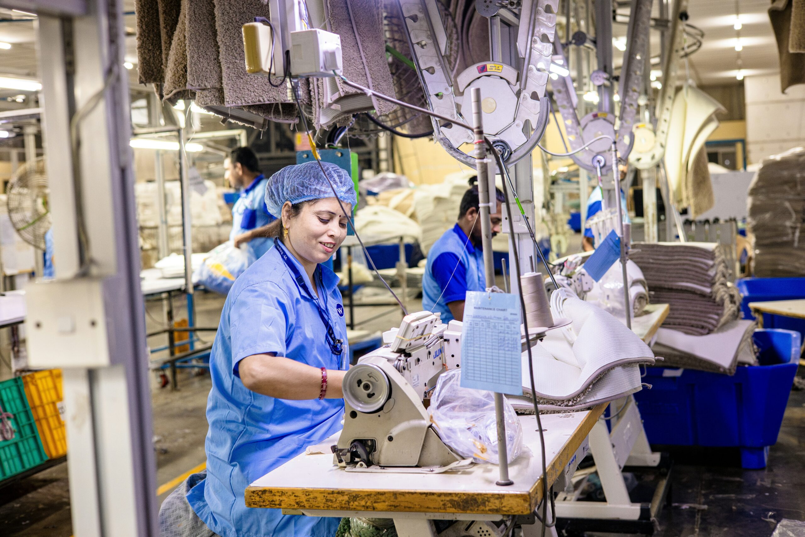 Fashion manufacturing line with women sewing